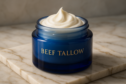 whipped beef tallow in blue jar with luxury background